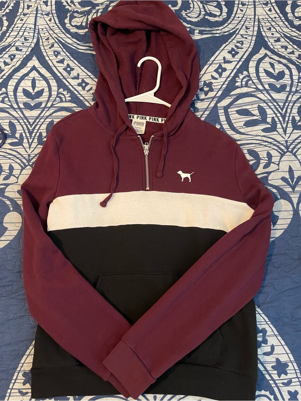 PINK Colorblock Half-Zip Hoodie in Maroon, white & Black